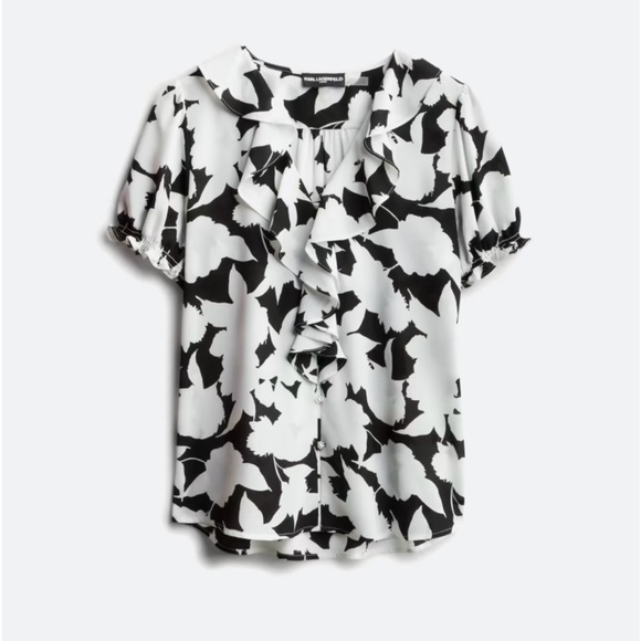 Karl Lagerfeld Tops - Karl Lagerfeld Paris Kindra‎ Ruffle Front Short Sleeve Blouse Large NWT